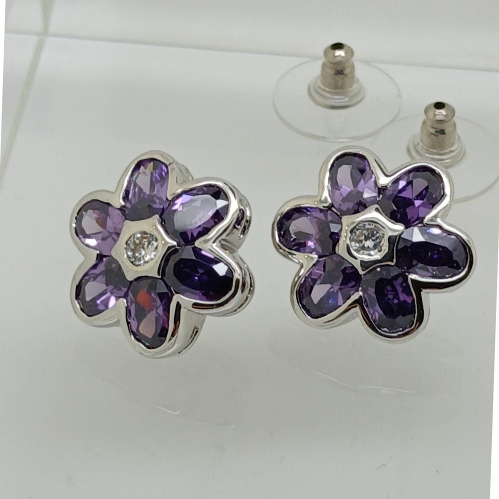 Vintage 1990s Purple Flower Stud Earrings Cubic Zirconia Silver Tone Sim Diamond - Picture 13 of 17